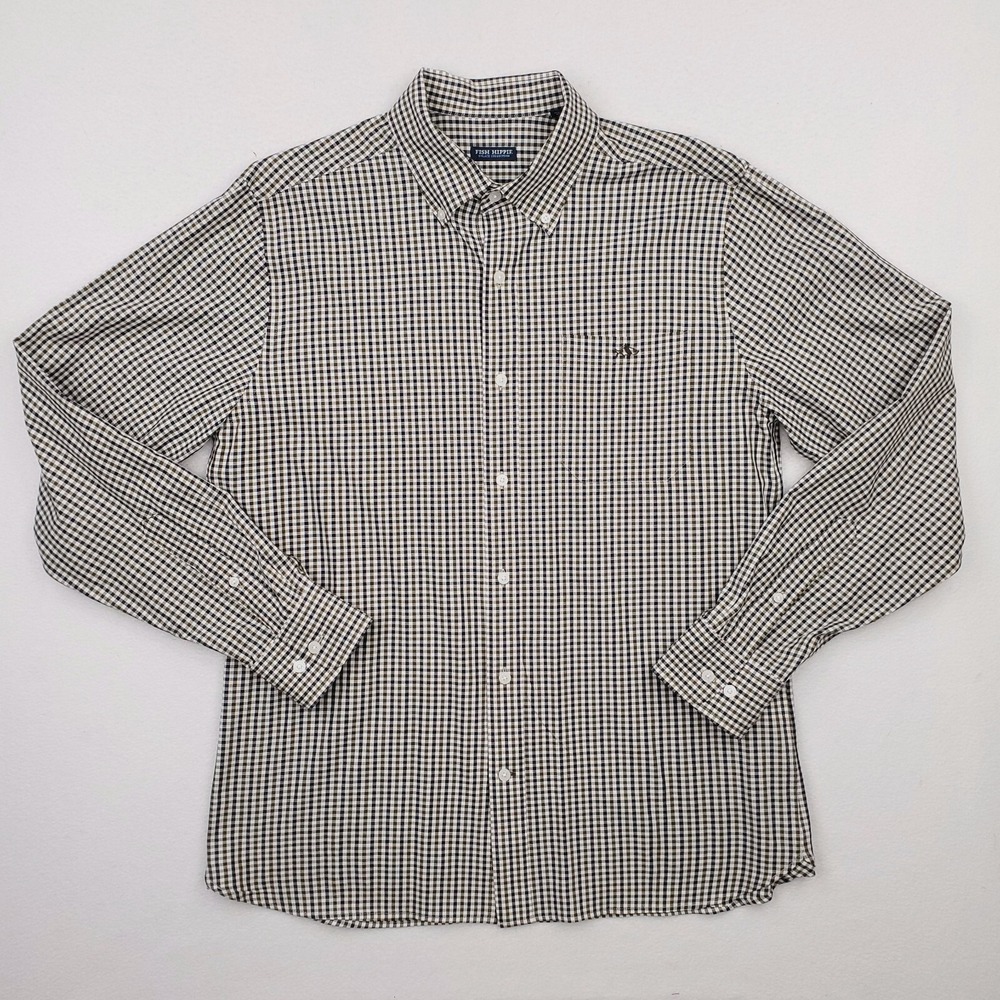 Fish Hippie Shirt Mens Medium Black Green Gun Club Plaid‎ Stretch Outdoor Preppy